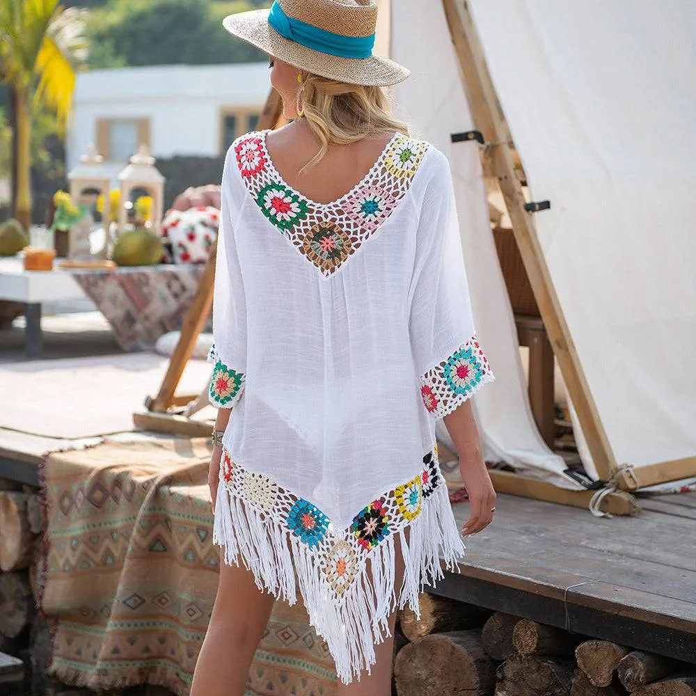 Get Beach-Ready Elegance with a White Bikini Cover Up featuring Stylish Fringe Trim FREE SHIPPING