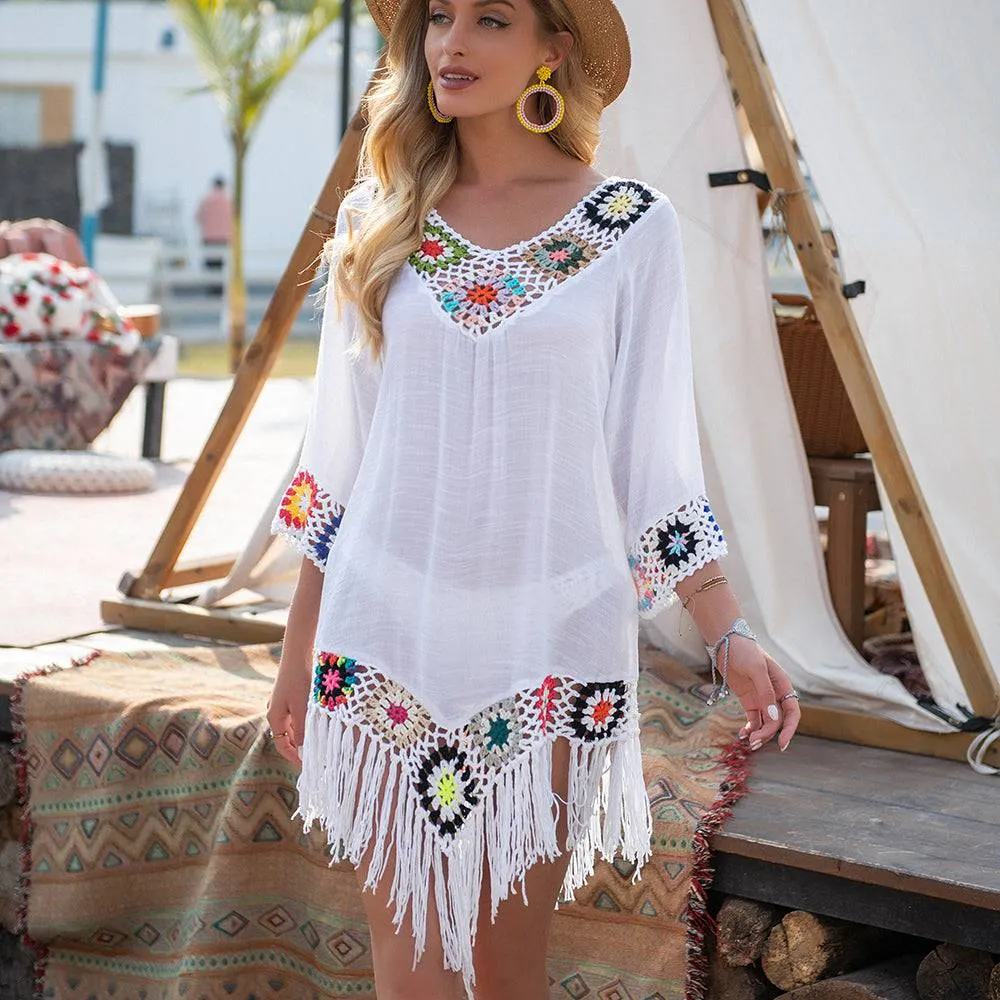 Get Beach-Ready Elegance with a White Bikini Cover Up featuring Stylish Fringe Trim FREE SHIPPING