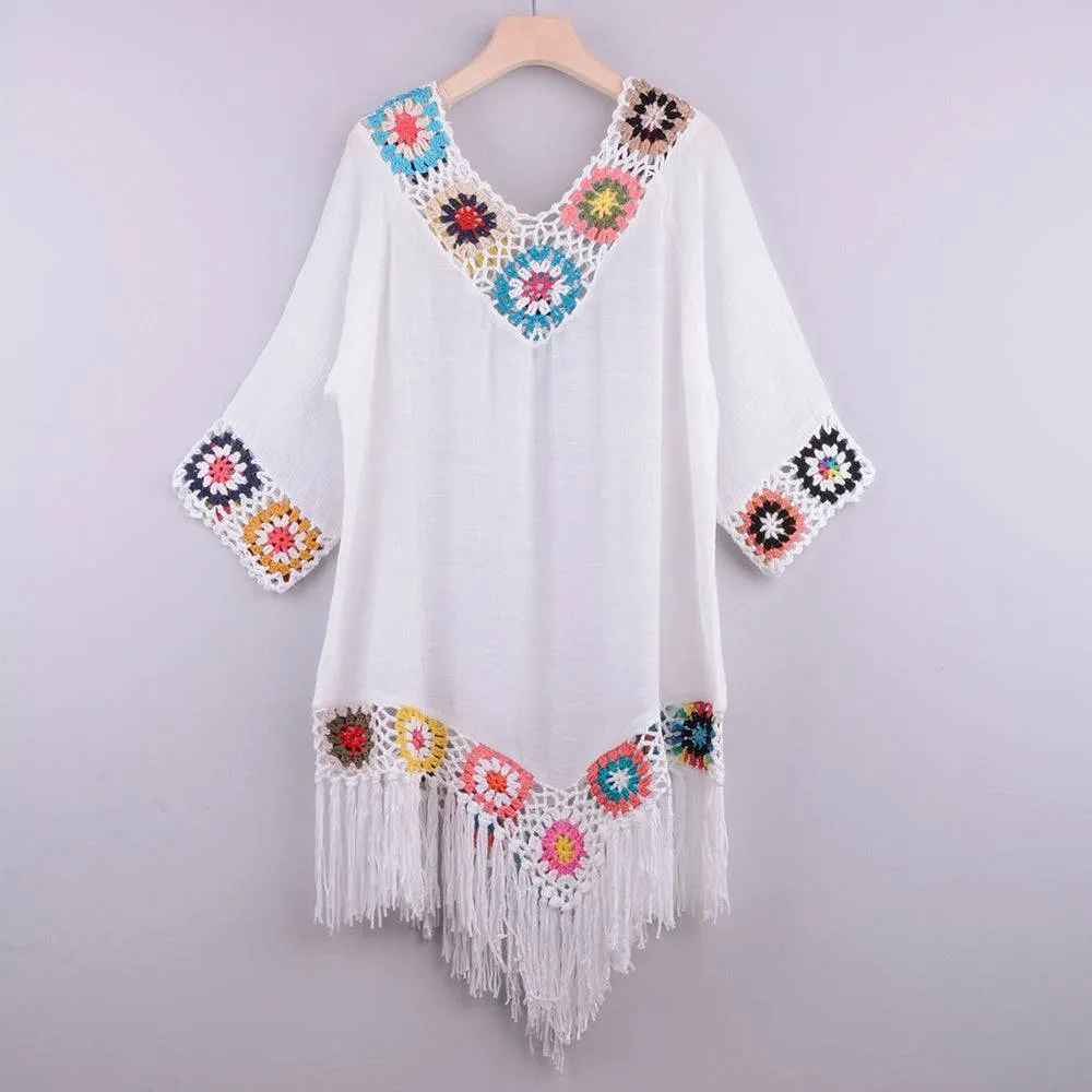 Get Beach-Ready Elegance with a White Bikini Cover Up featuring Stylish Fringe Trim FREE SHIPPING