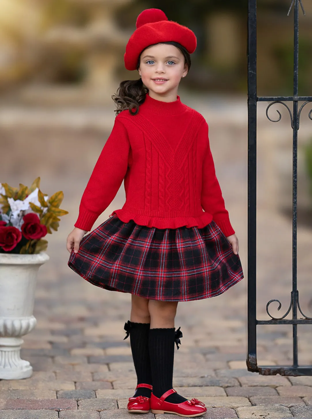 Girls Knit Sweater Dress with Plaid Skirt