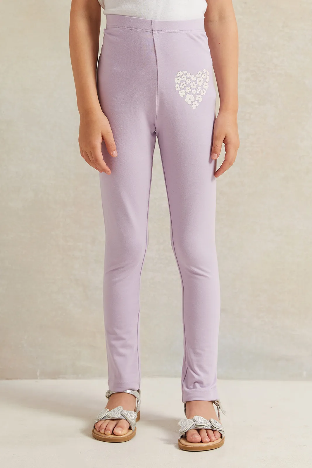 Girls Lilac Heart  Print Leggings