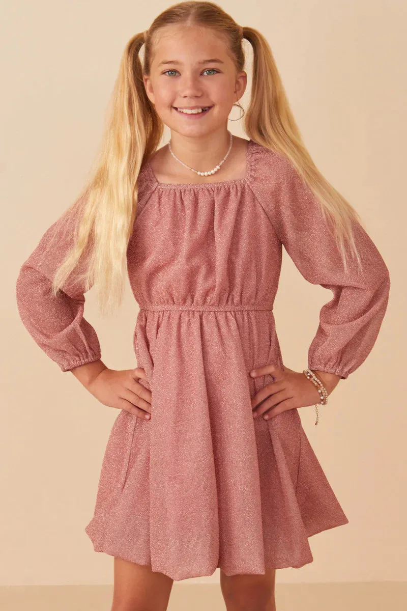 Girls Sparkle Foil Puff Sleeve Dress