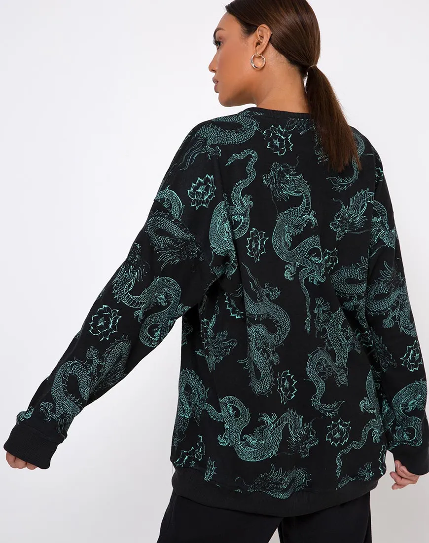 Glo Sweatshirt in Dragon Flower Black and Mint