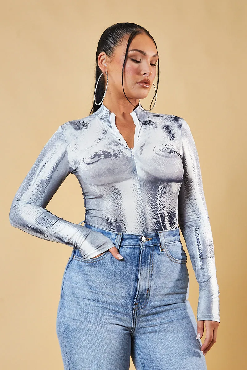 Grey Body Print Long Sleeve Bodysuit - Willow