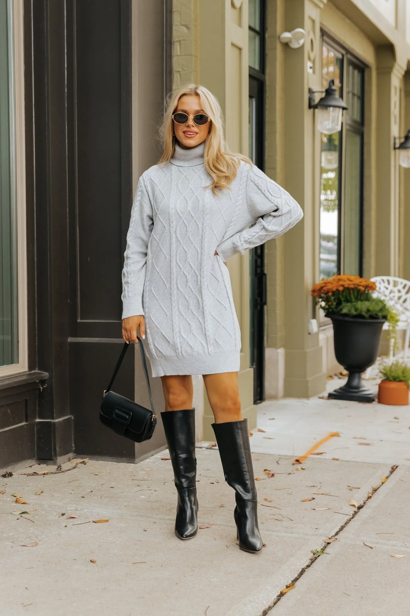 Grey Cable Knit Sweater Dress - DOORBUSTER