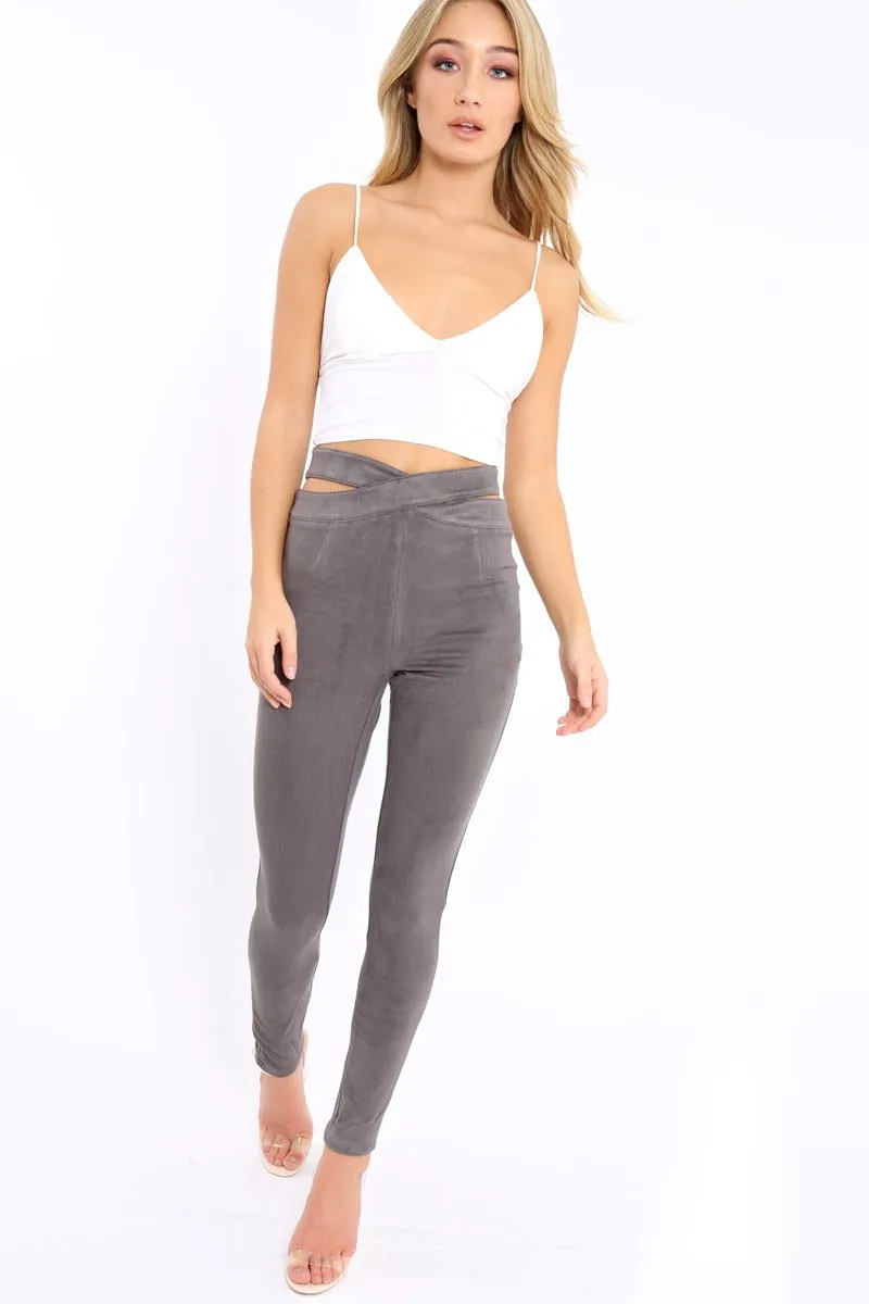 Grey Cut Out Waist Suede Leggings - Anala