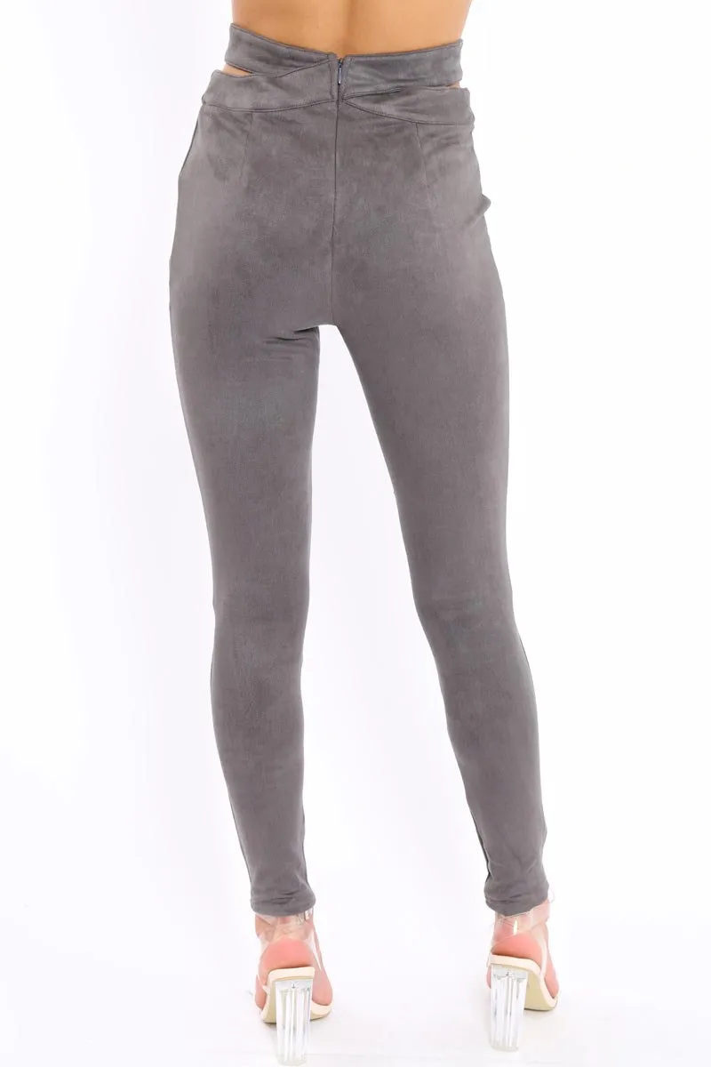 Grey Cut Out Waist Suede Leggings - Anala