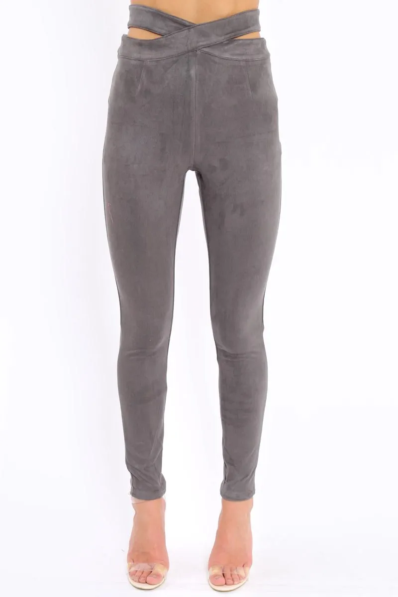 Grey Cut Out Waist Suede Leggings - Anala