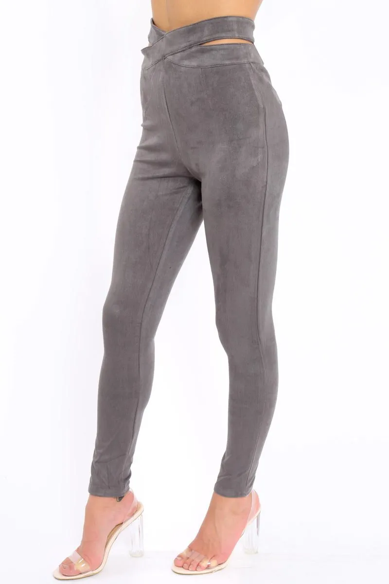 Grey Cut Out Waist Suede Leggings - Anala