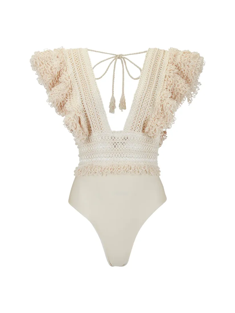 Hand-Woven Plunge Bodysuit Wheat