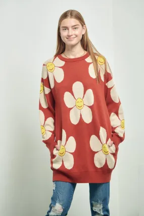 HAPPY FACE FLORAL PRINT KNIT SWEATER Smiley BAggy Sweater New Womens Fashion