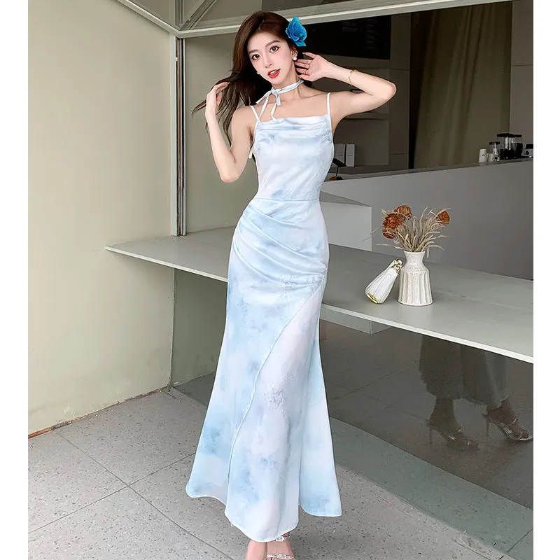 IKEARLAX Elegant Women's Clothing High Sense Printing Slip Dress  New Women's Summer Slimming Fitted Waist Pleated Fishtail Dress