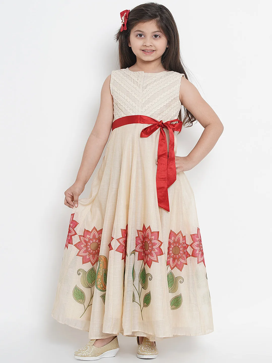 Jashvi Beige & Red Floral Maxi Dress