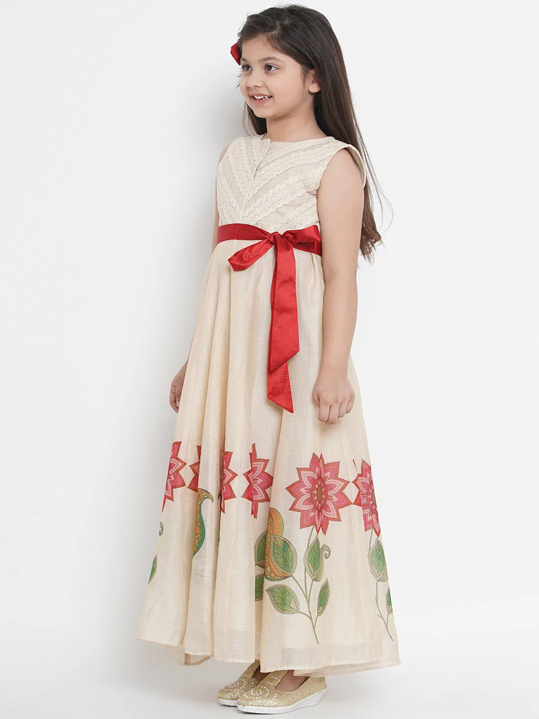 Jashvi Beige & Red Floral Maxi Dress