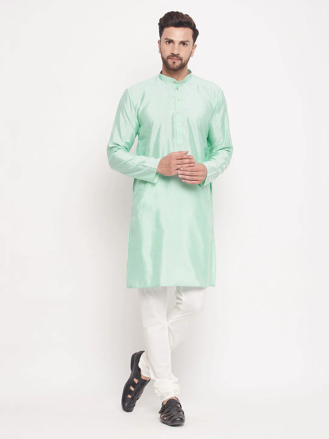 Jashvi Men's Aqua Blue Square Woven Design Silk Blend Kurta With Cream Pyjama Set