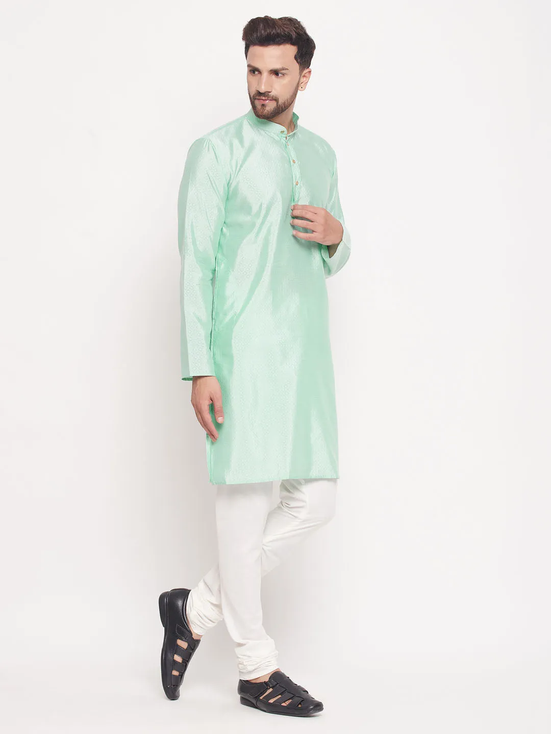 Jashvi Men's Aqua Blue Square Woven Design Silk Blend Kurta With Cream Pyjama Set