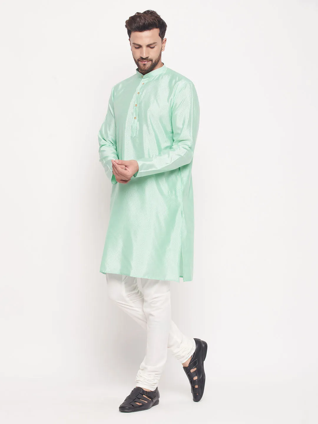 Jashvi Men's Aqua Blue Square Woven Design Silk Blend Kurta With Cream Pyjama Set