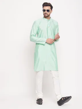 Jashvi Men's Aqua Blue Square Woven Design Silk Blend Kurta With Cream Pyjama Set