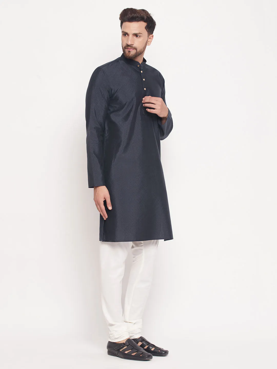 Jashvi Men's Navy Blue Square Woven Silk Blend Kurta With Cream Color Pyjama Set