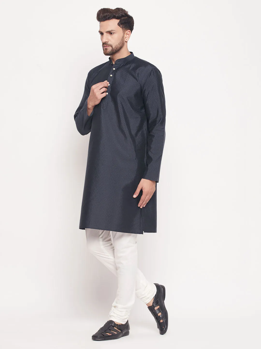 Jashvi Men's Navy Blue Square Woven Silk Blend Kurta With Cream Color Pyjama Set