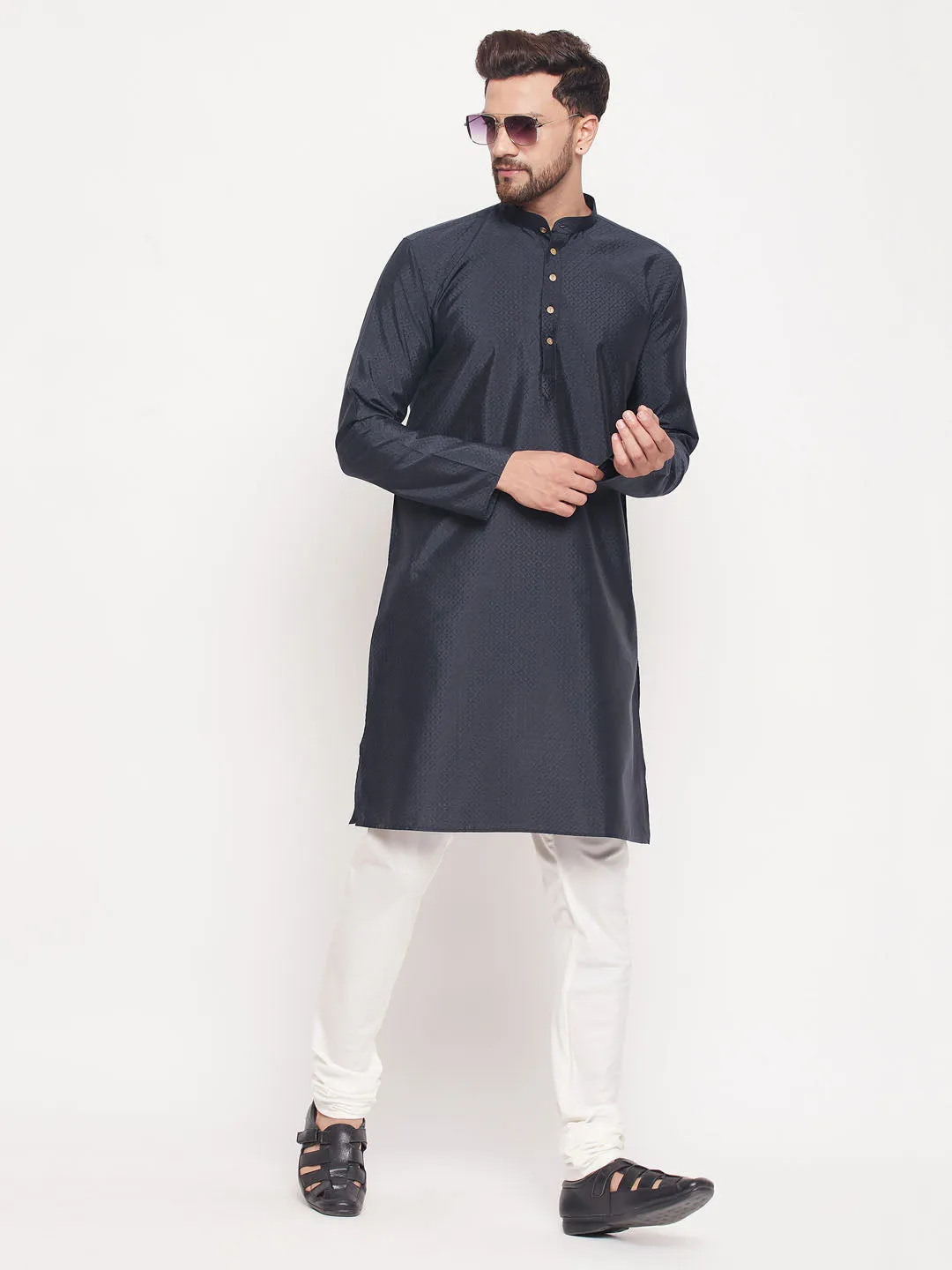 Jashvi Men's Navy Blue Square Woven Silk Blend Kurta With Cream Color Pyjama Set