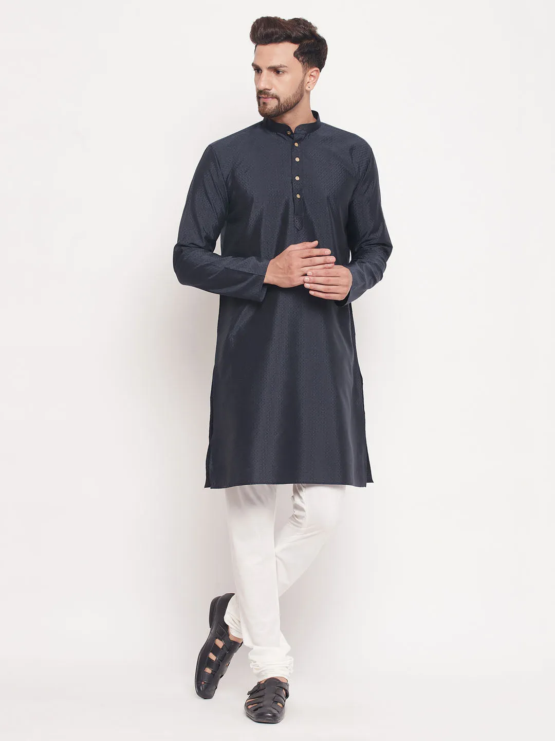 Jashvi Men's Navy Blue Square Woven Silk Blend Kurta With Cream Color Pyjama Set