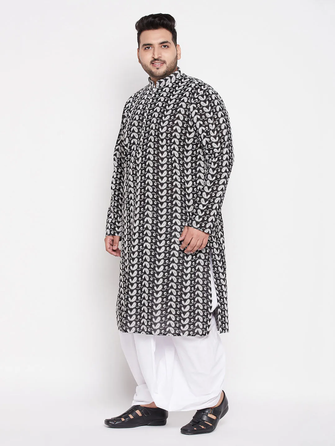 Jashvi Men's Plus Size Black Chikankari Embroidered Kurta And White Dhoti Set