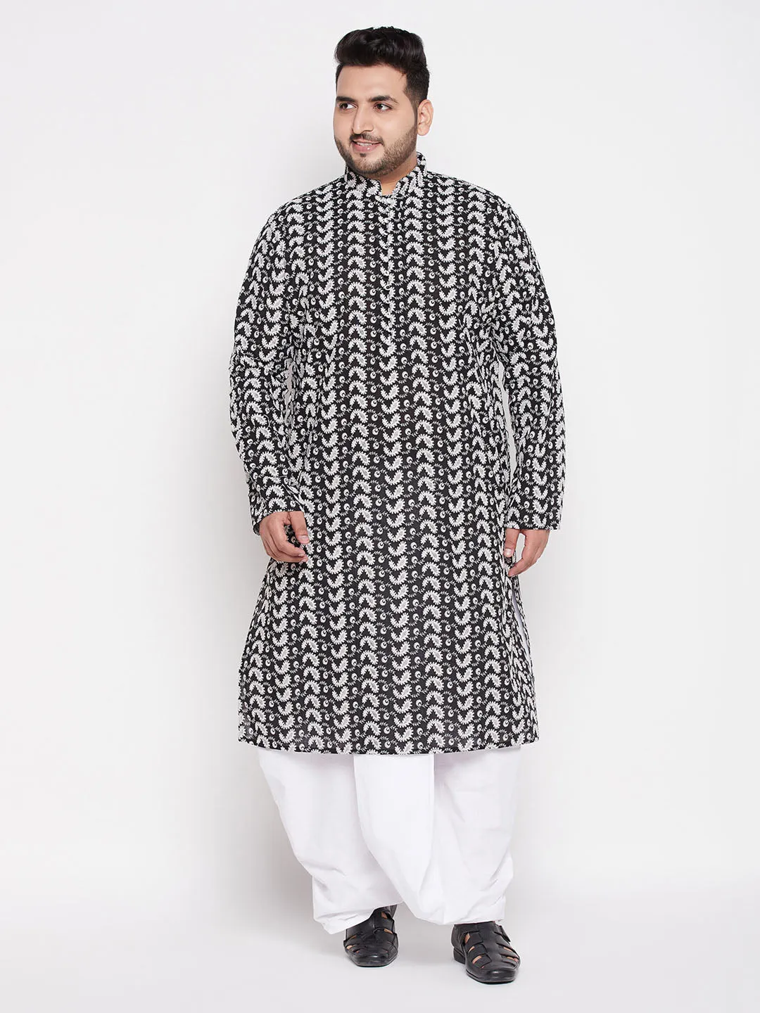 Jashvi Men's Plus Size Black Chikankari Embroidered Kurta And White Dhoti Set