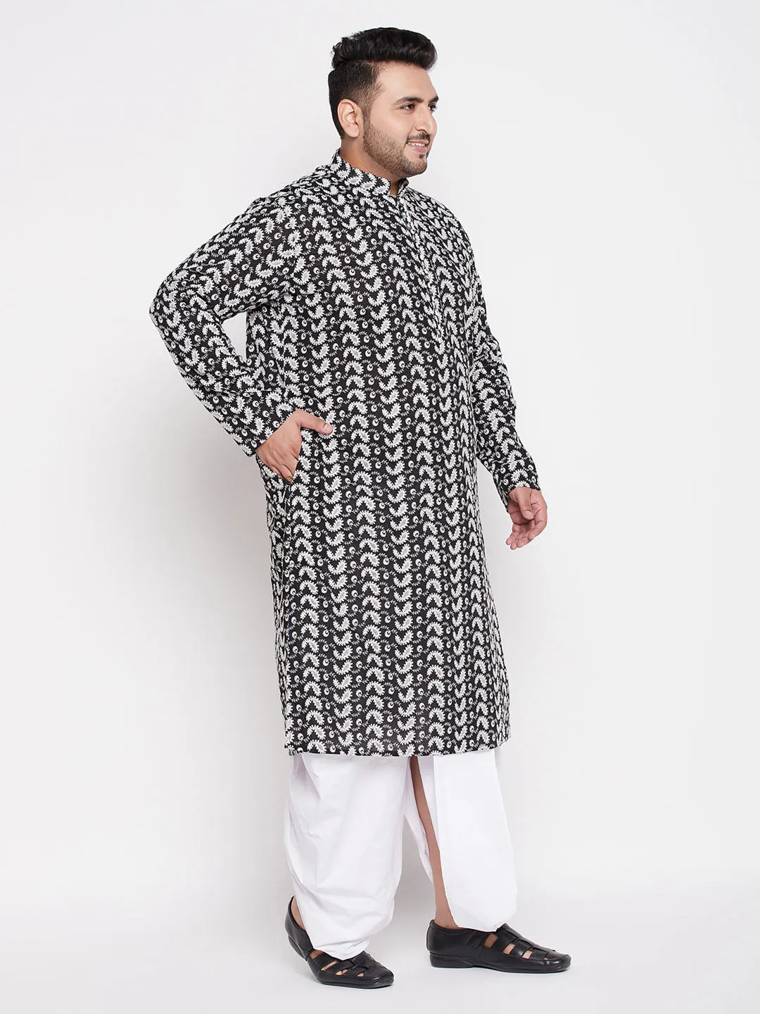 Jashvi Men's Plus Size Black Chikankari Embroidered Kurta And White Dhoti Set