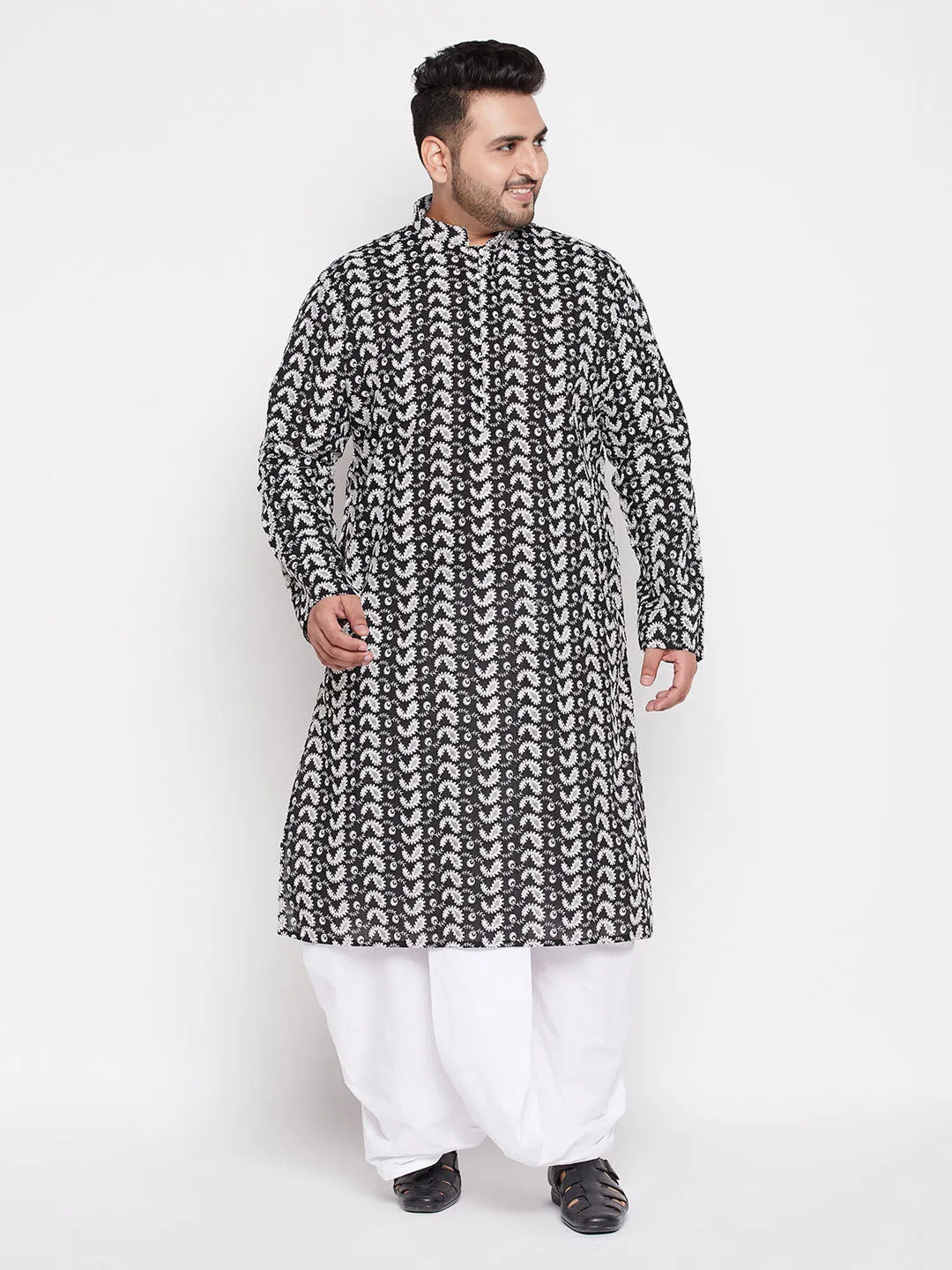 Jashvi Men's Plus Size Black Chikankari Embroidered Kurta And White Dhoti Set