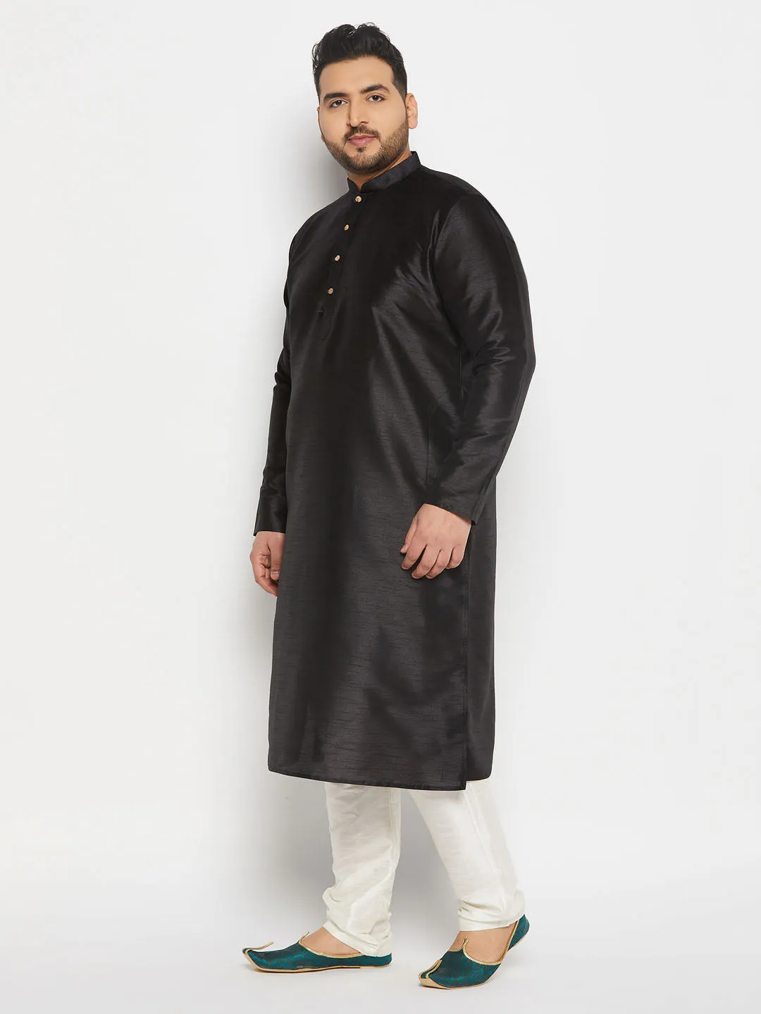 Jashvi Men's Plus Size  Black Silk Blend Kurta and Cream Pant Style Pyjama Set