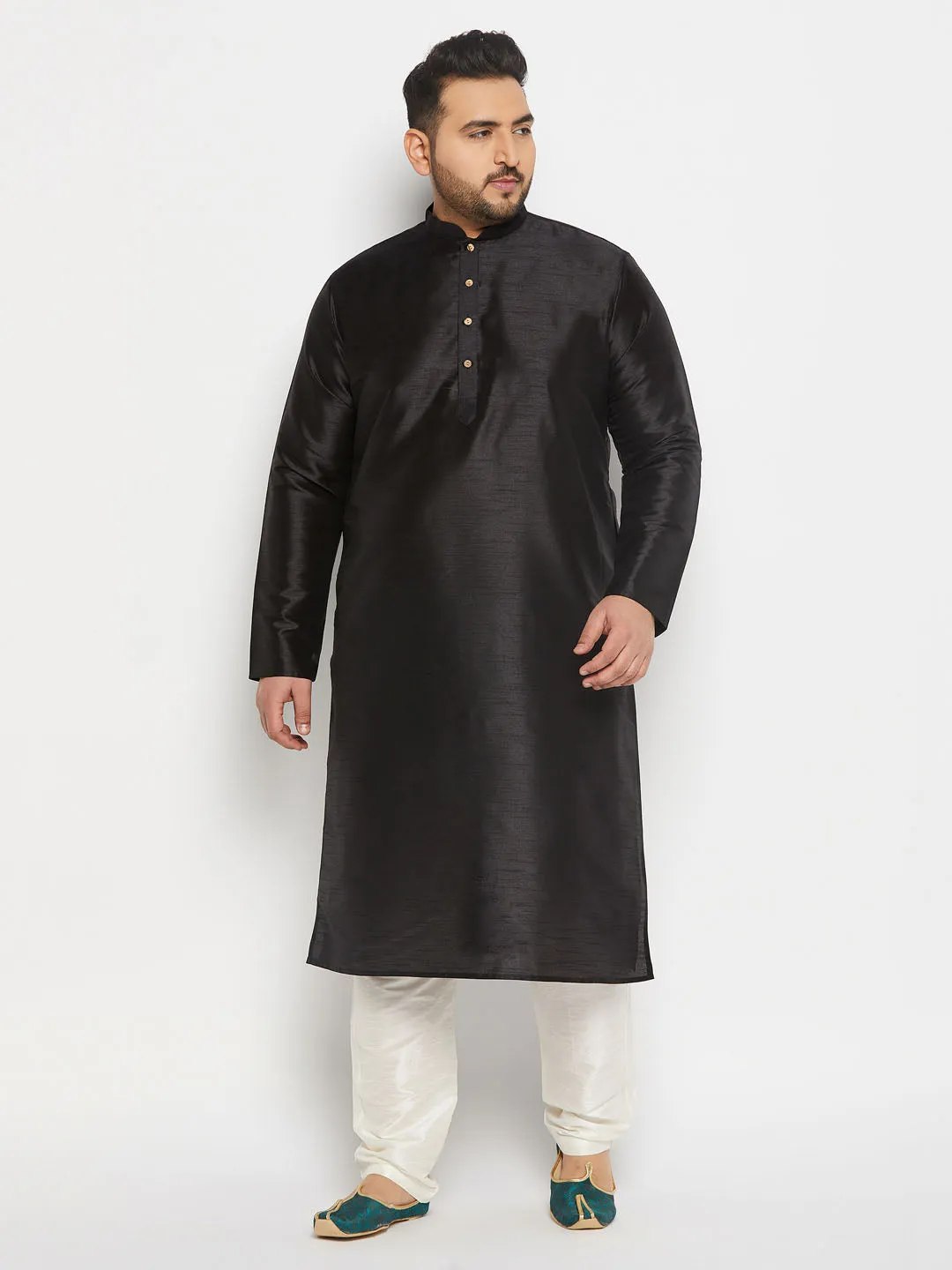 Jashvi Men's Plus Size  Black Silk Blend Kurta and Cream Pant Style Pyjama Set