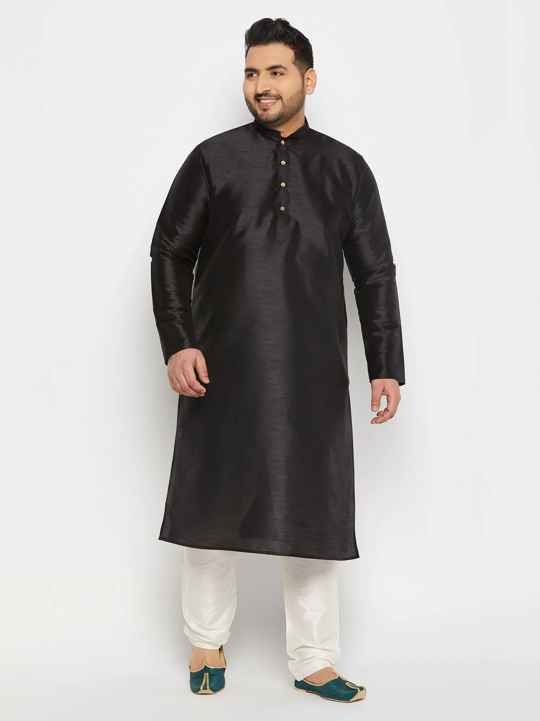 Jashvi Men's Plus Size  Black Silk Blend Kurta and Cream Pant Style Pyjama Set