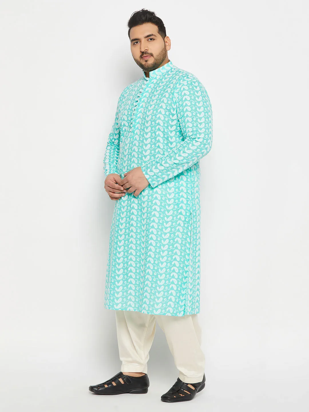 Jashvi Men's Plus Size Green Chikankari Embroidered Kurta And Cream Patiala Set