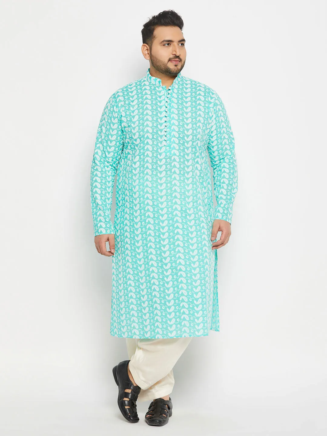 Jashvi Men's Plus Size Green Chikankari Embroidered Kurta And Cream Patiala Set