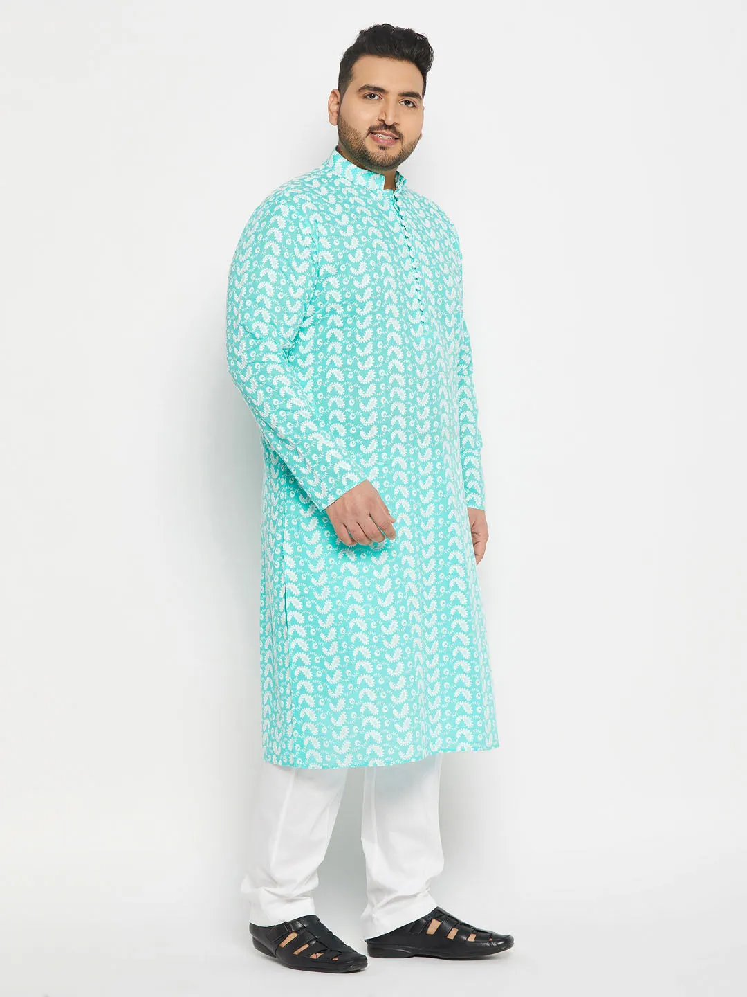 Jashvi Men's Plus Size Green Chikankari Embroidered Kurta And White Cotton Pant Style Pyjama Set