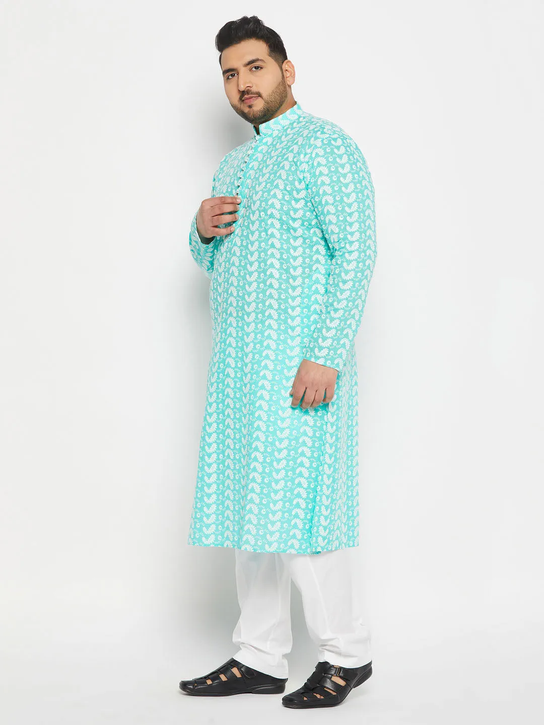 Jashvi Men's Plus Size Green Chikankari Embroidered Kurta And White Cotton Pant Style Pyjama Set