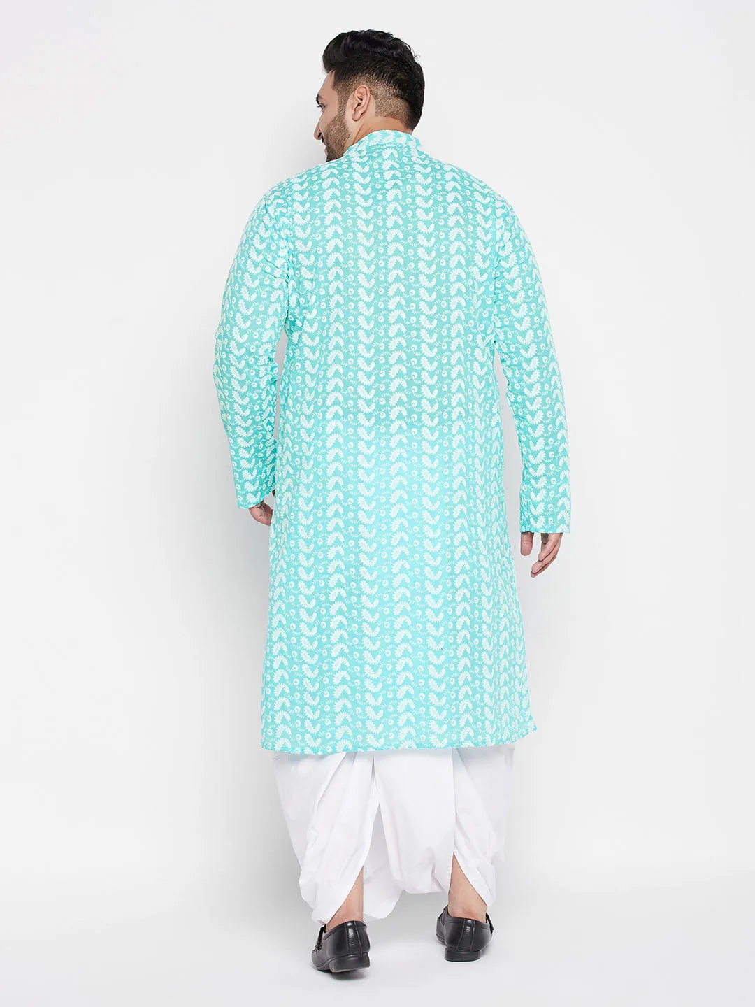 Jashvi Men's Plus Size Green Chikankari Embroidered Kurta And White Dhoti Set