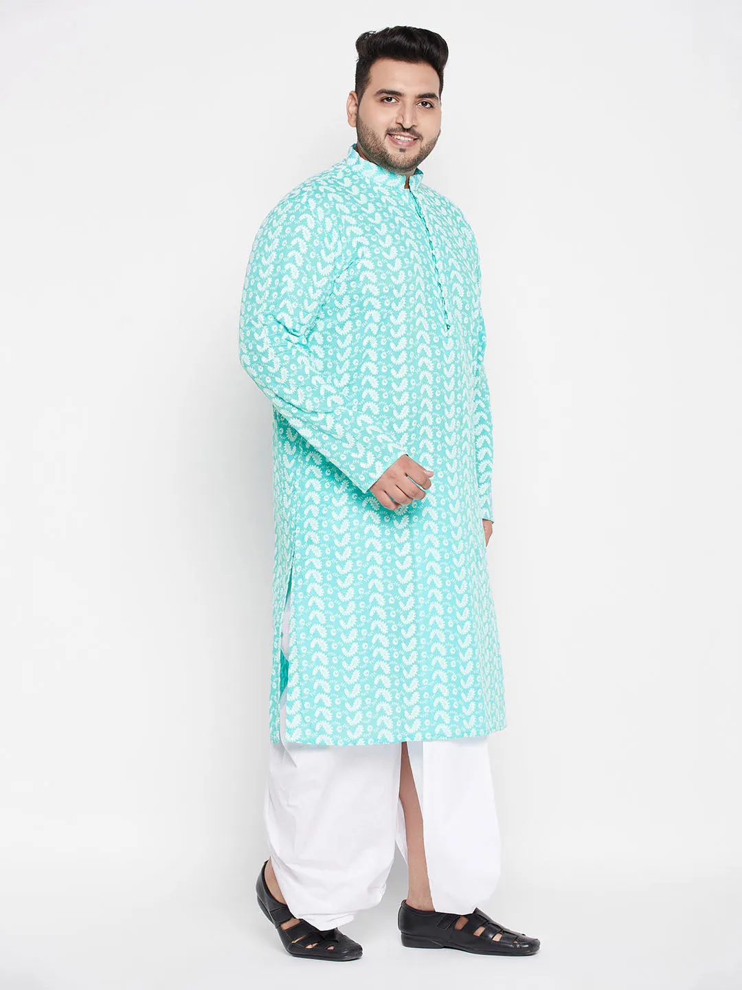 Jashvi Men's Plus Size Green Chikankari Embroidered Kurta And White Dhoti Set