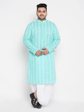 Jashvi Men's Plus Size Green Chikankari Embroidered Kurta And White Dhoti Set