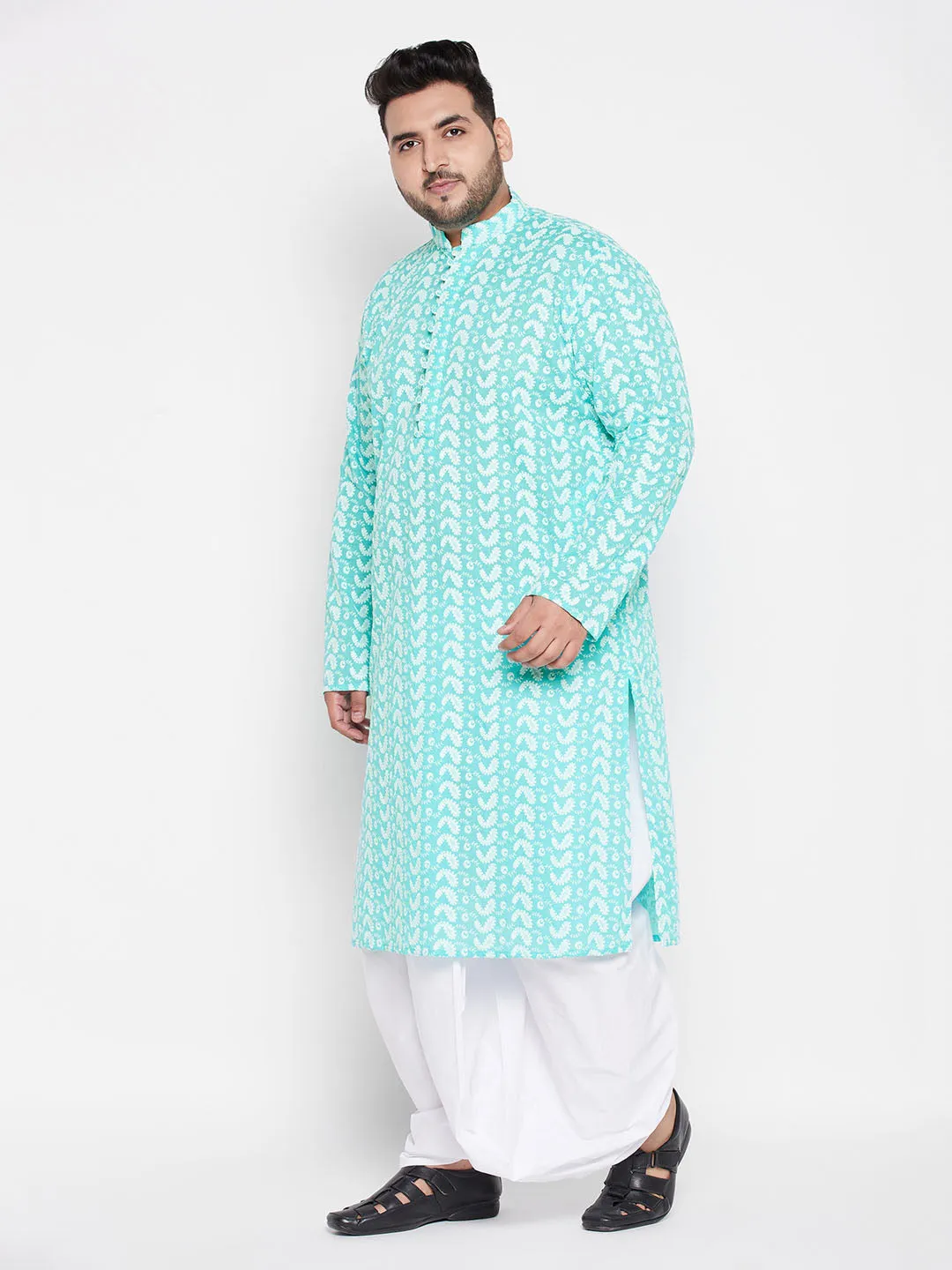 Jashvi Men's Plus Size Green Chikankari Embroidered Kurta And White Dhoti Set