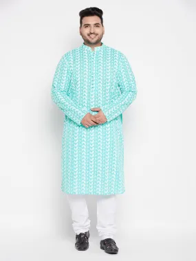 Jashvi Men's Plus Size Green Chikankari Embroidered Kurta And White Pyjama Set