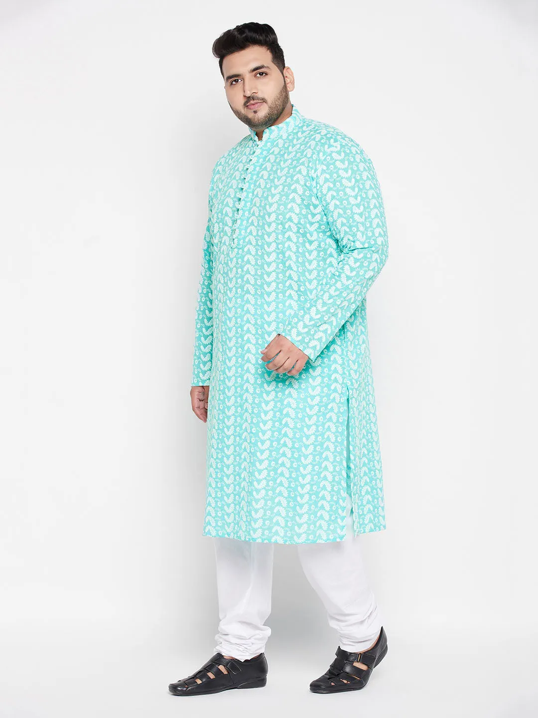 Jashvi Men's Plus Size Green Chikankari Embroidered Kurta And White Pyjama Set