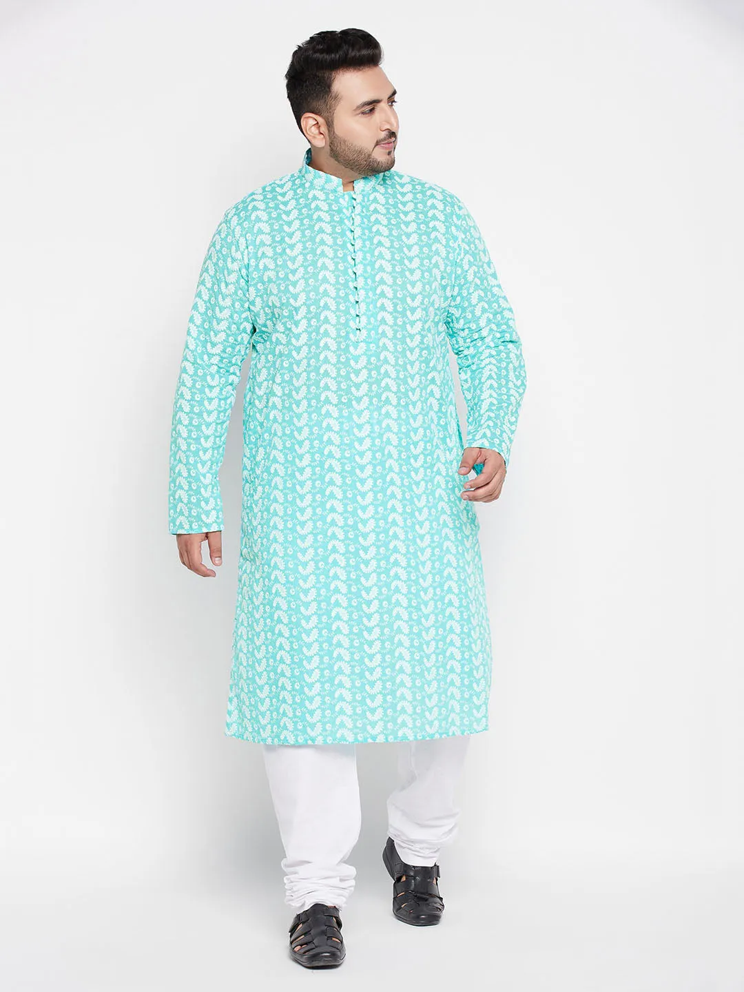 Jashvi Men's Plus Size Green Chikankari Embroidered Kurta And White Pyjama Set