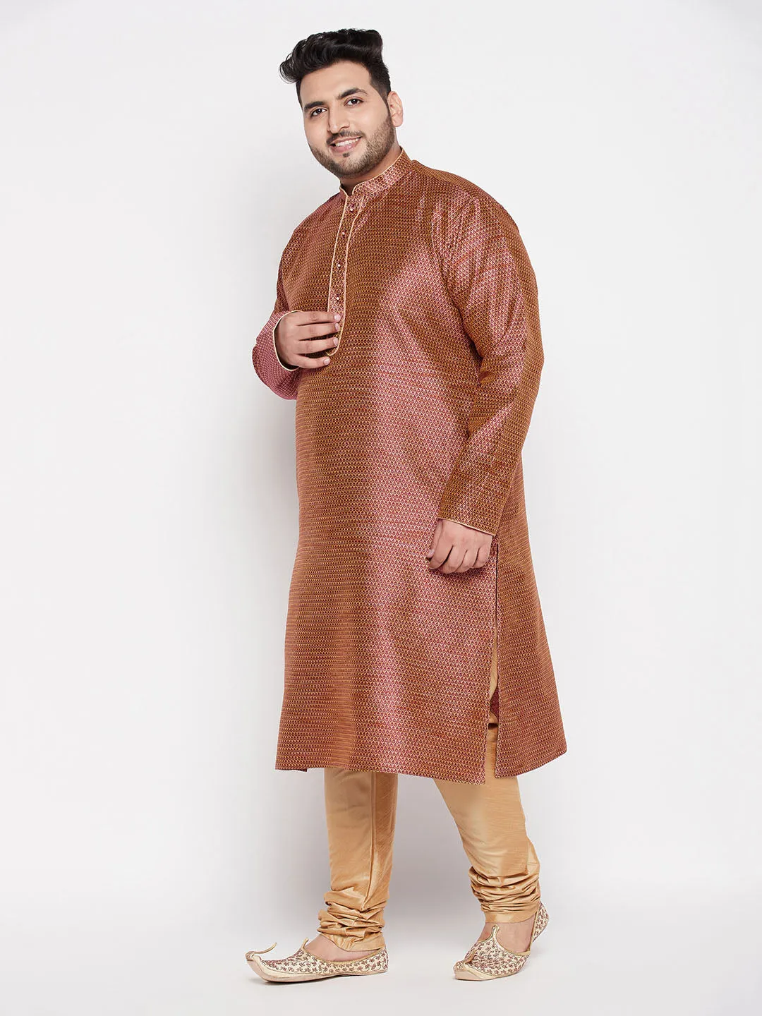 Jashvi Men's Plus Size Maroon Woven Kurta And Rose Gold Pyjama Set