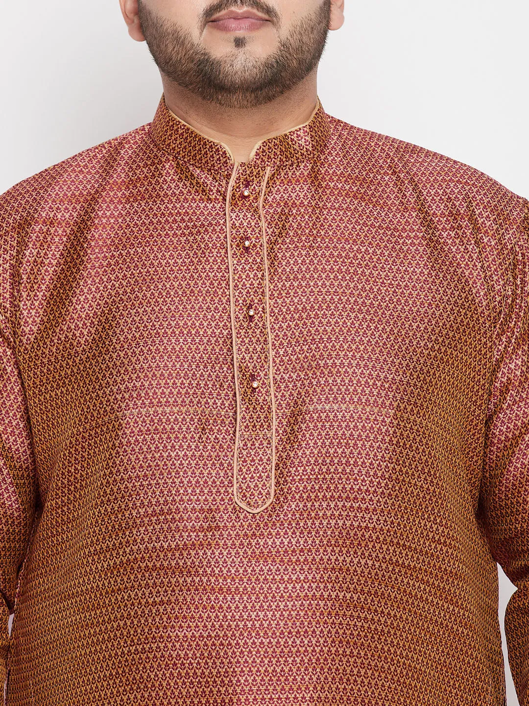 Jashvi Men's Plus Size Maroon Woven Kurta And Rose Gold Pyjama Set