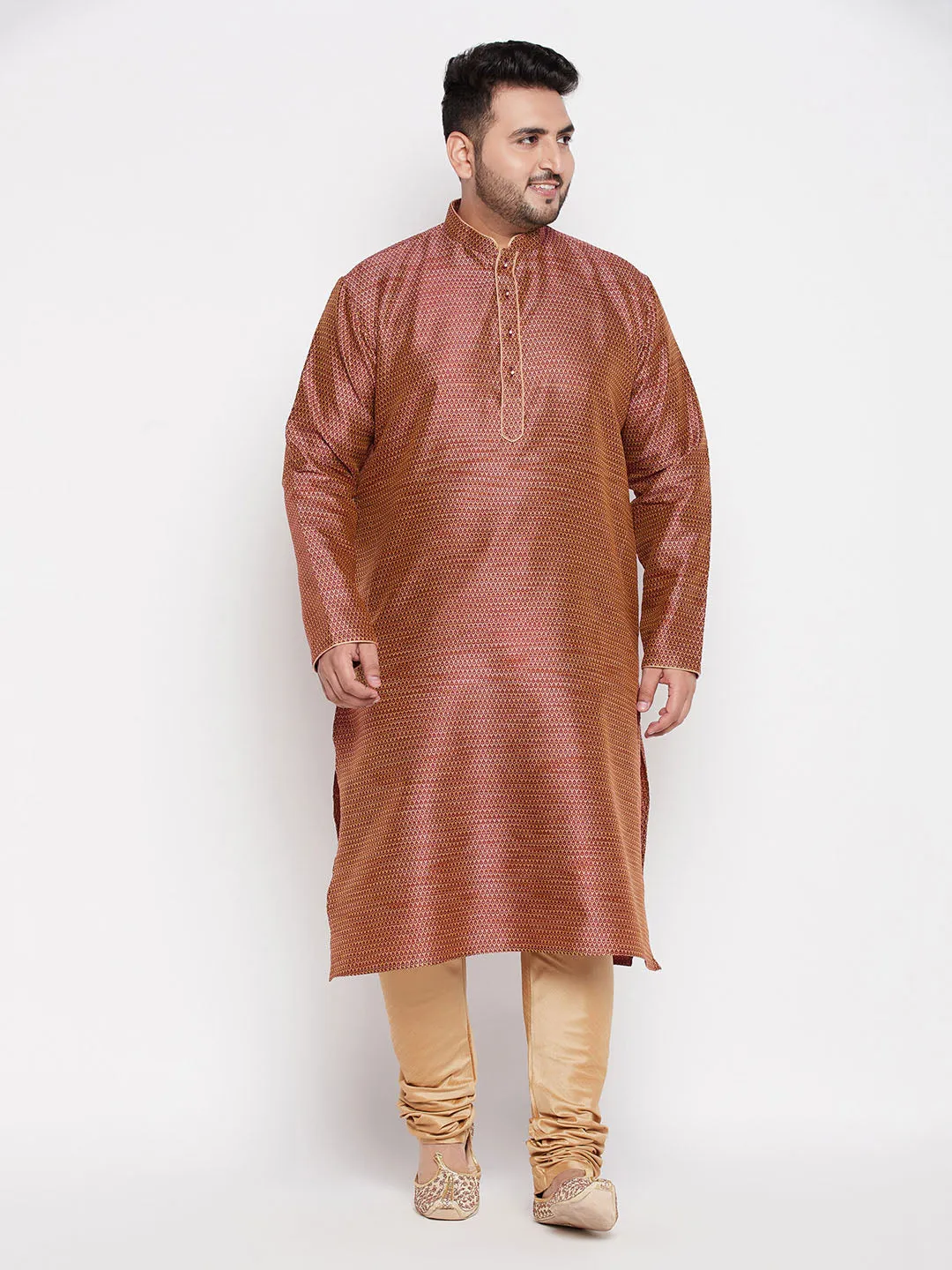 Jashvi Men's Plus Size Maroon Woven Kurta And Rose Gold Pyjama Set