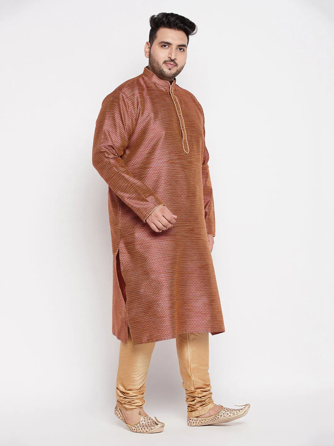 Jashvi Men's Plus Size Maroon Woven Kurta And Rose Gold Pyjama Set