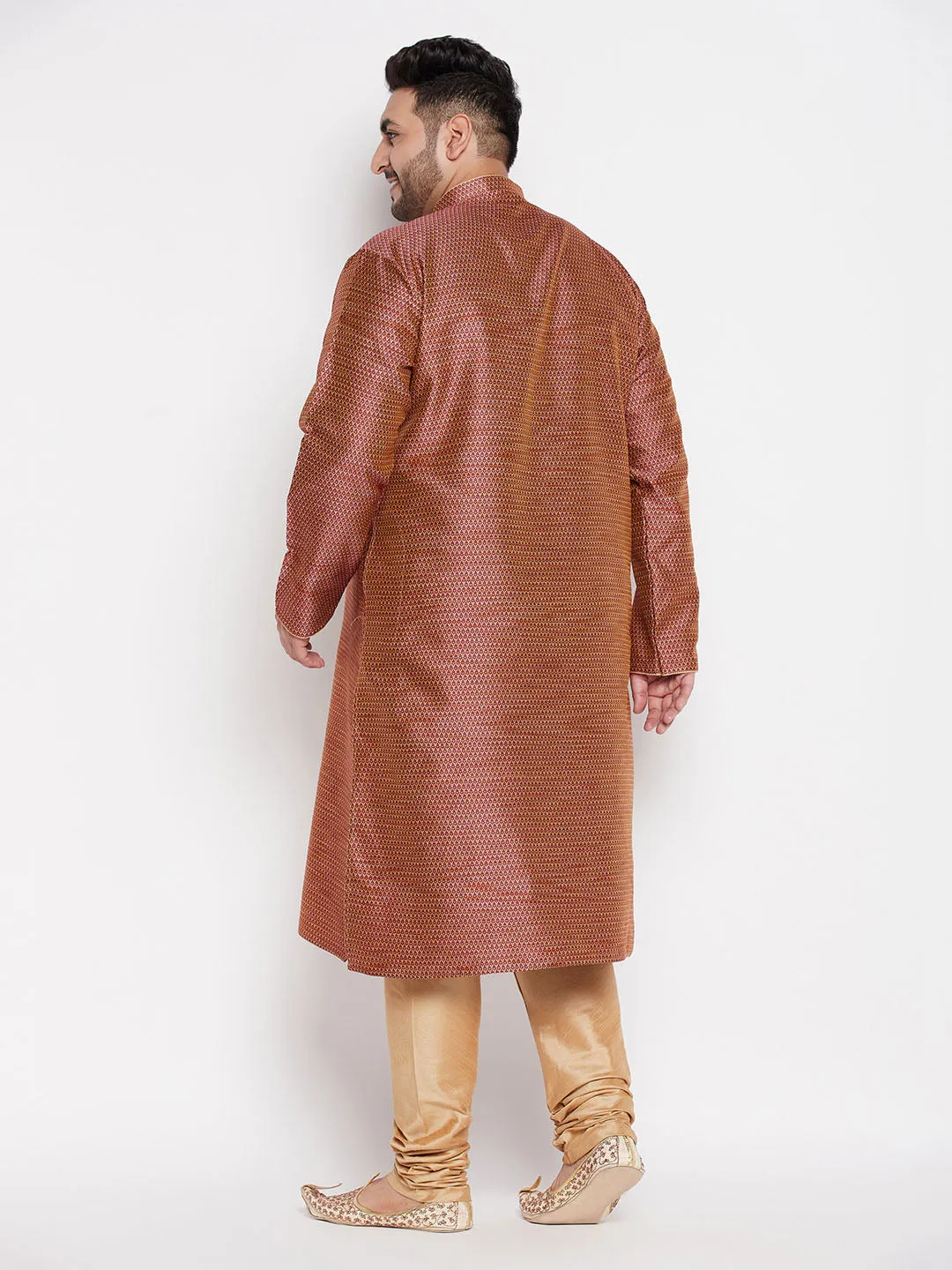 Jashvi Men's Plus Size Maroon Woven Kurta And Rose Gold Pyjama Set