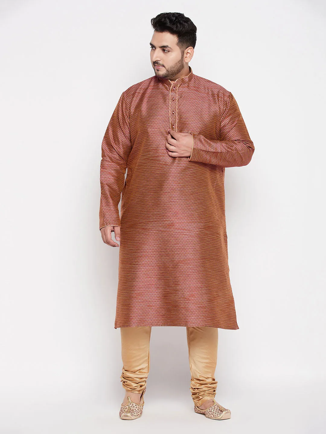 Jashvi Men's Plus Size Maroon Woven Kurta And Rose Gold Pyjama Set